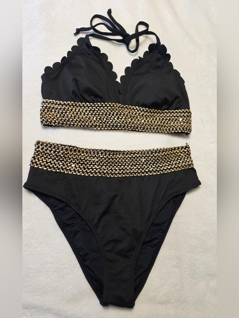 Cupshe Black Scallop High-Waist Bikini with Gold Chain Trim